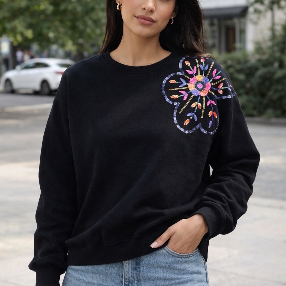 Black Crewneck Sweatshirt with Colorful Shoulder Floral Motif